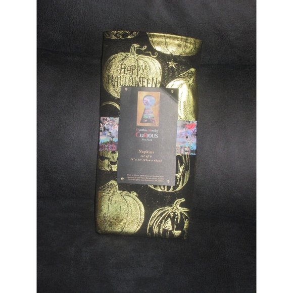 Cynthia Rowley Halloween Pumpkin Dinner Napkins GOLD Black Set 6 JackOLantern - Picture 1 of 4